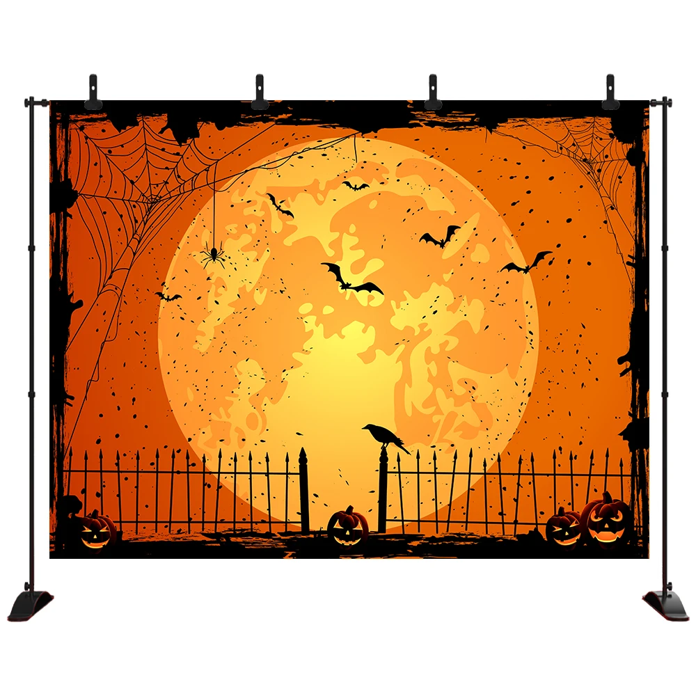 

Happy Halloween photography background Orange moon background Cartoon bat pumpkin Cartoon Poster Photo Backdrop