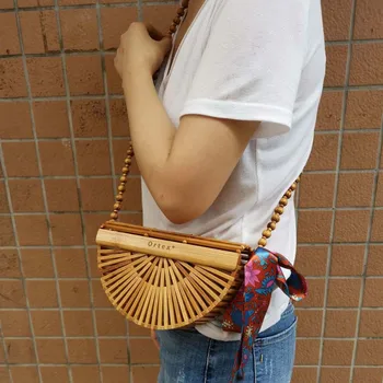 

2019 New Fashion Bamboo Braided Bag Handmade Woven Crossbody Bags Semi-circle Bamboo Handbags Basket(With Scarf)