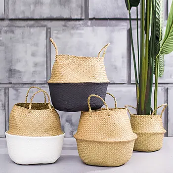 

Nordic Rattan Straw Basket Wicker Seagrasss Folding Laundry Flower Pot Vase Farmhouse Style Garden Hanging Basket Wedding Gift