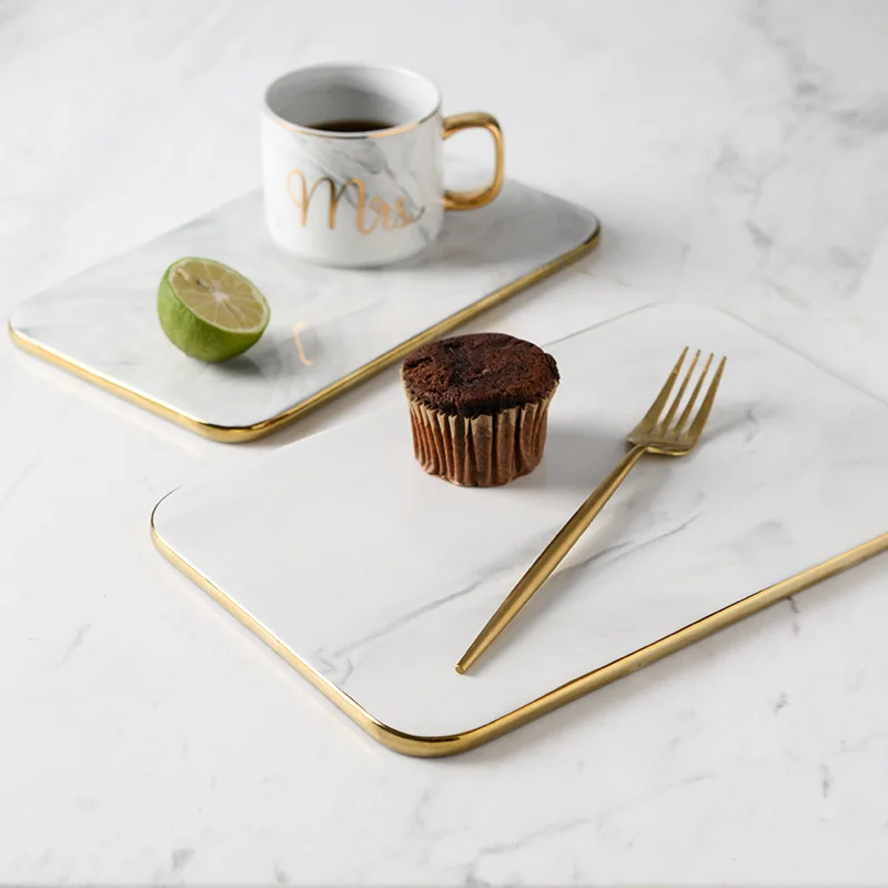 Marble Ceramic Cutting Board with Glod Rim, Kitchen, Sushi, Bread, Cheese Serving Board, Rectangular Plate, Storage Tray
