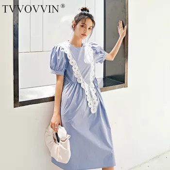 

TVVOVVIN Dress A-line Patchwork O-neck Solid Lace Girl Female 2020 Summer New Short Sleeve Temperament Commuting A831