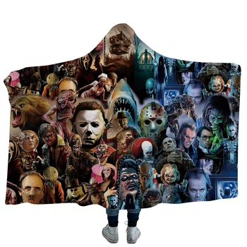 

Anime Movie Horror Set Printed Plush Hooded Blanket For Adults Kid Warm Home Sofa Wearable Double layer Fleece Throw Blankets