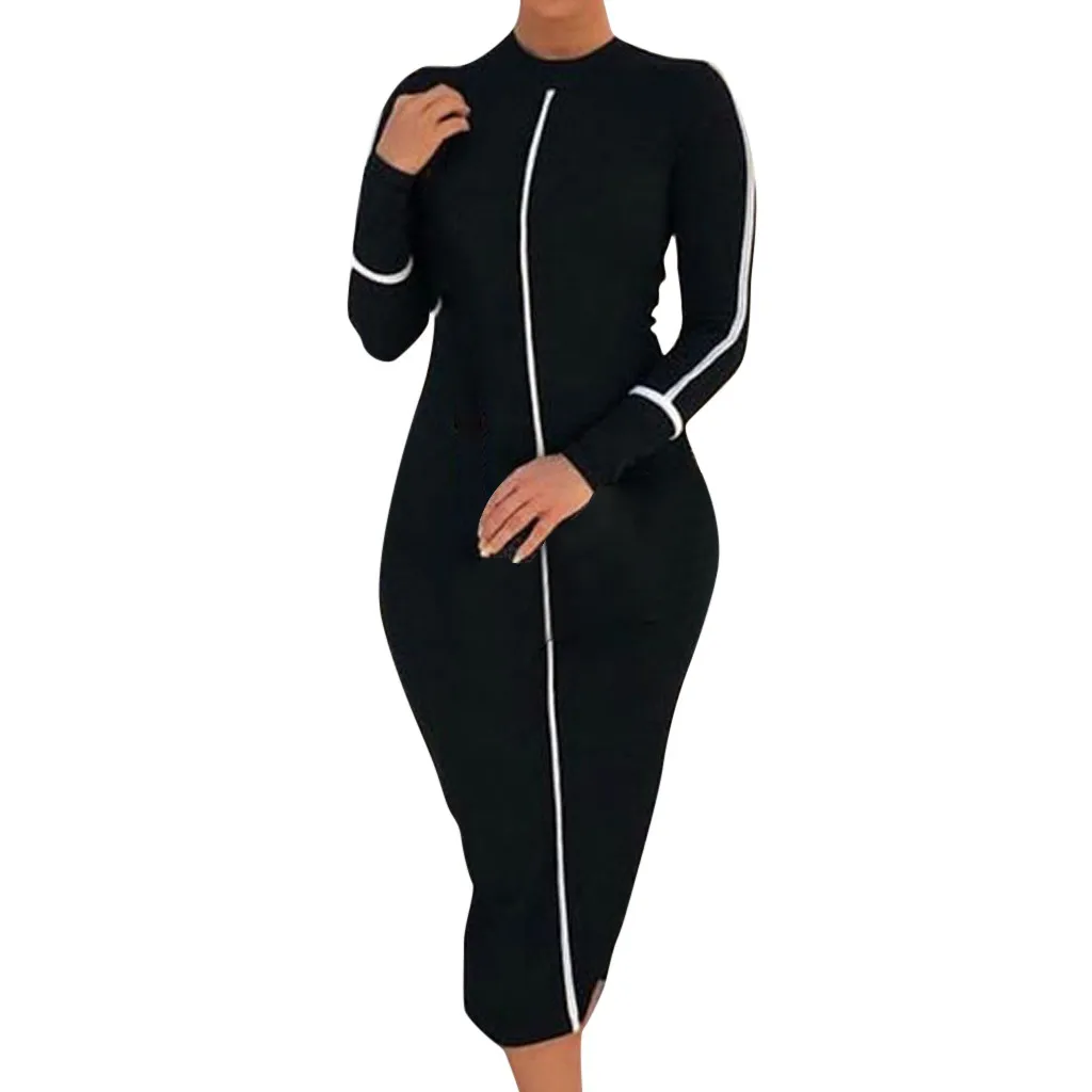 

2019 New Autumn Winter Dresses Long Sleeve Stretch Slim Night Party Dress Stand Colar Sport Dress