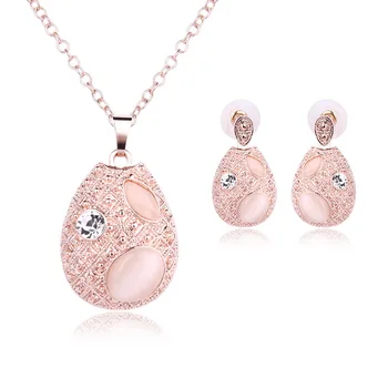 

TSHOU383 New Oval Opal Necklace Earrings Jewelry Set Alloy Earrings Necklace Bride Jewelry Set
