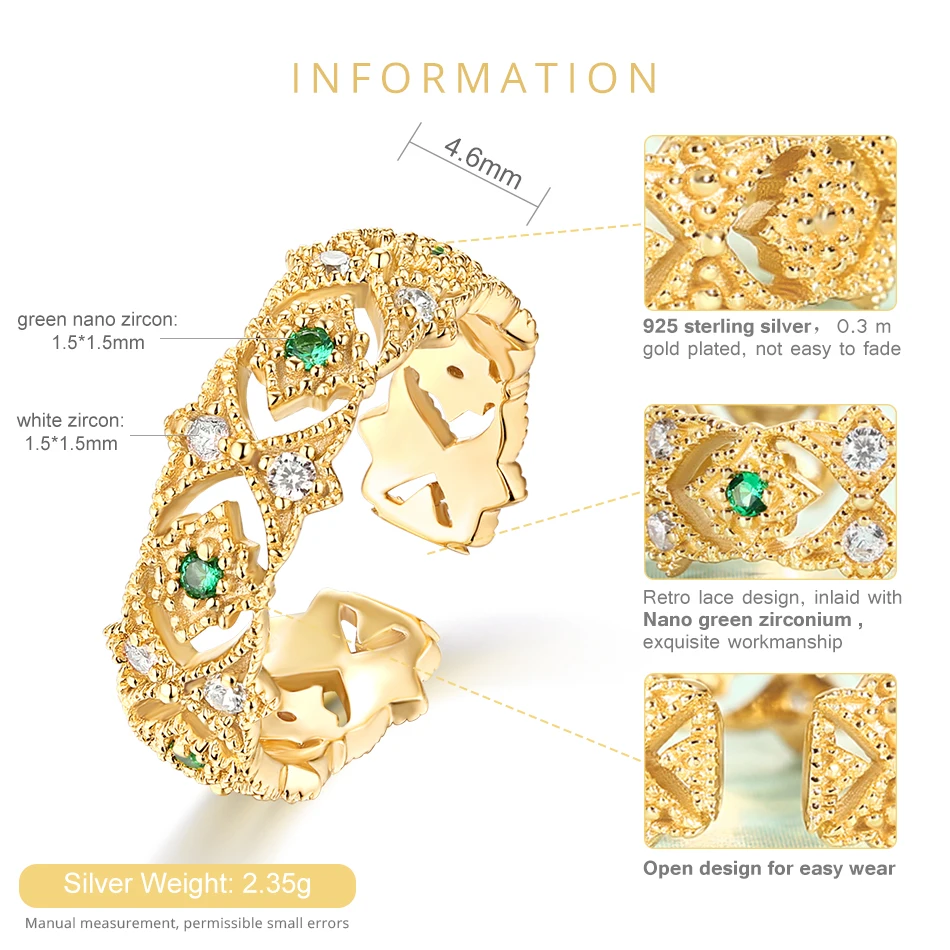 ALLNOEL 925 Sterling Silver Ring Vintage Emerald White Zircon Real Gold-plated Openwork Vingtage Design Wedding Engagement Ring