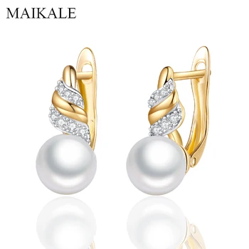 

MAIKALE Trendy Gold Big Round Pearl Earrings Cubic Zirconia Stud Earrings for Women Jewelry Fashion Gifts for Girl Brincos