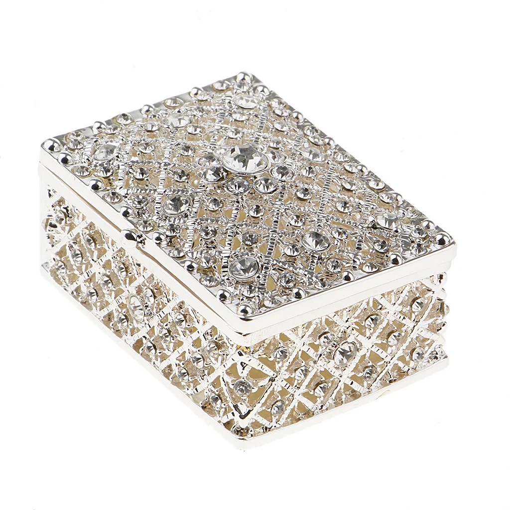 Rhinestone Hollow Storage Box silver color Plated Trinkets Magnet Clasp Case Wedding Gift Room Decorations