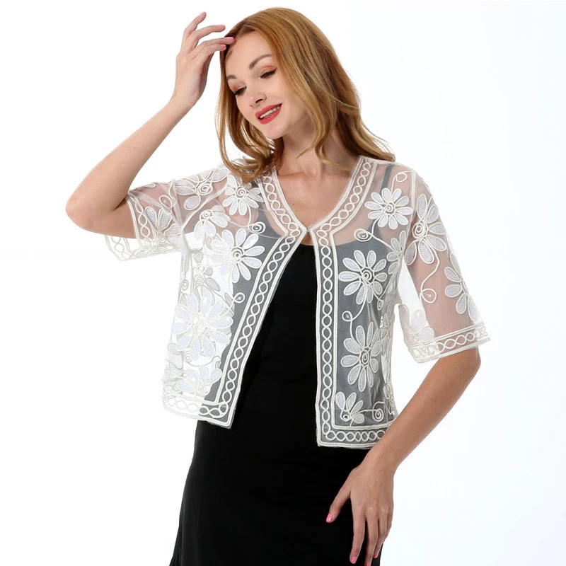 

Retro Women Lace Sequins Stitching Embroidery Floral Cardigan Half Flare Sleeve V Neck Sheer Caple Coat Over Size