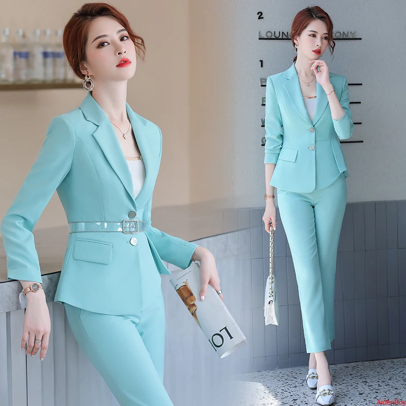 

Candy Green Elegant Formal Pants Suits for Pant Suit Women Office Work 2Piece Pant Blazer Set Trousers Jacket Suit Autumn Winter