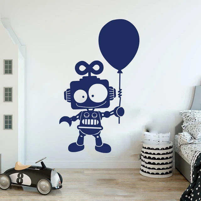 Traktat Tog mundstykke Cartoon Robot With Balloon Wall Decal Children Kids Room Geek Science  Technology Robot Wall Sticker Playroom Vinyl Home Decor - Wall Stickers -  AliExpress