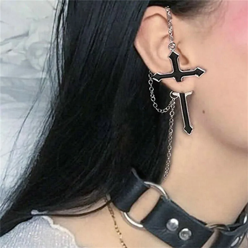 1Pc Black Cross Drop Earring with Chain Ear Cuff Trendy Women Fashion  Earrings