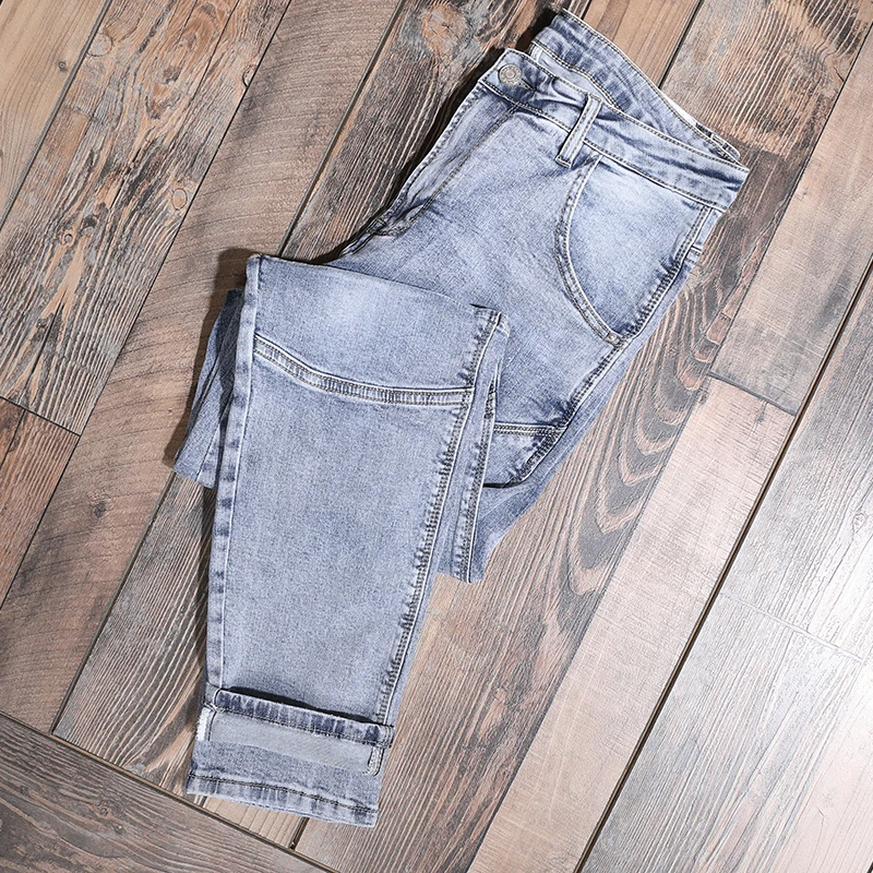 Casual Light Blue Spliced Jeans Men Streetwear Moto Biker Cotton Slim Fit Denim Pants