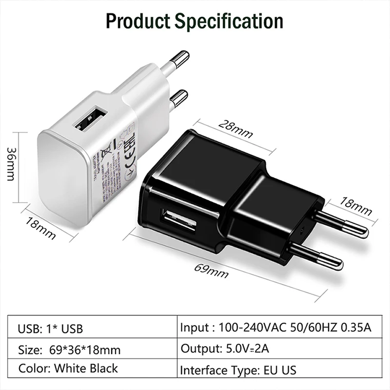 USB зарядное устройство 5 в 2 А быстрая зарядка штепсельная вилка европейского