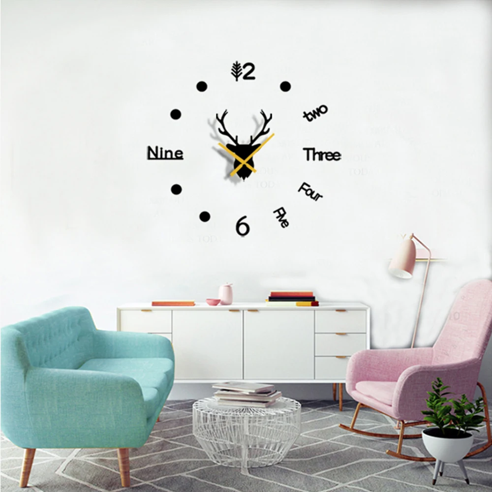 3D Wall Clock Mirror Wall Stickers Deer Head Creative DIY Large Wall Clock Quartz Watch Art Decal Sticker Living Room Home Decor 10