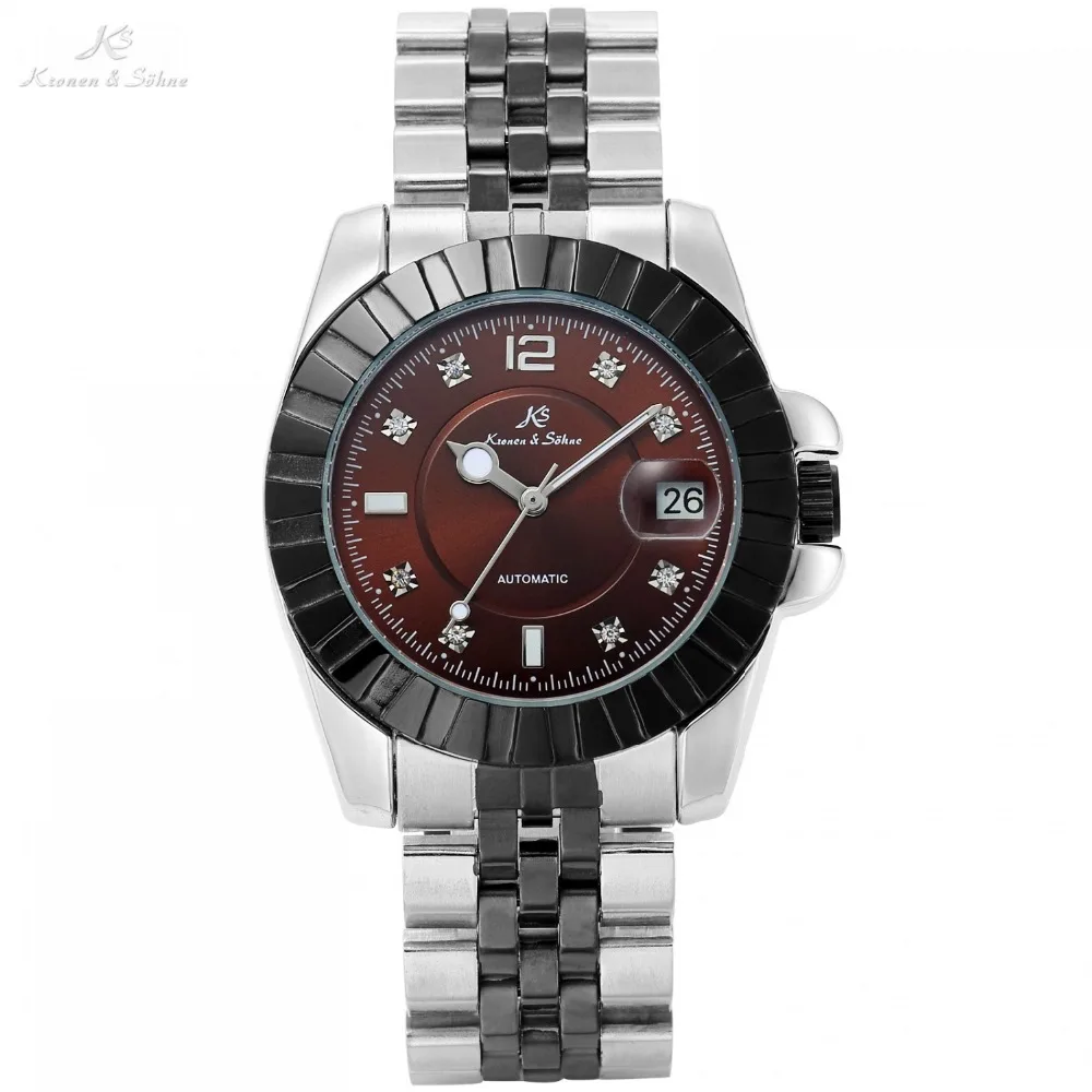 

KS Rhinestone Brown Analog Date Function Steel Metal Bracelet Men Watches Top Brand Luxury Auto Mechanical Timepiece Gift /KS317