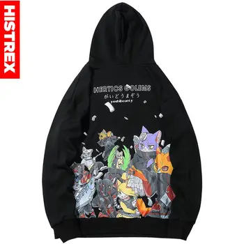 

Men Hip Hop Hoodie Sweatshirt Anime Cat Japanese Cartoon Streetwear Harajuku Hoodies Pullover Loose Autumn Black Sweat Shirts