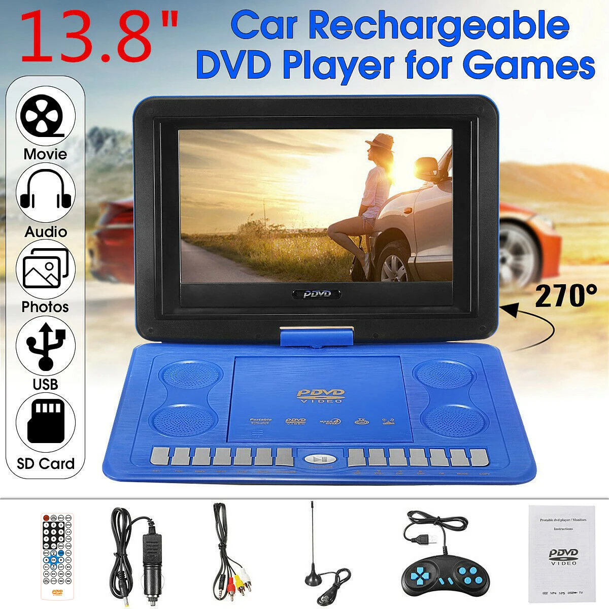 Портативный мини dvd-плеер 13,8 дюймов HD tv фильмы lcd мобильный поворотный Usb экран вращение для автомобиля Мульти Медиа Видео игры ЕС Plug