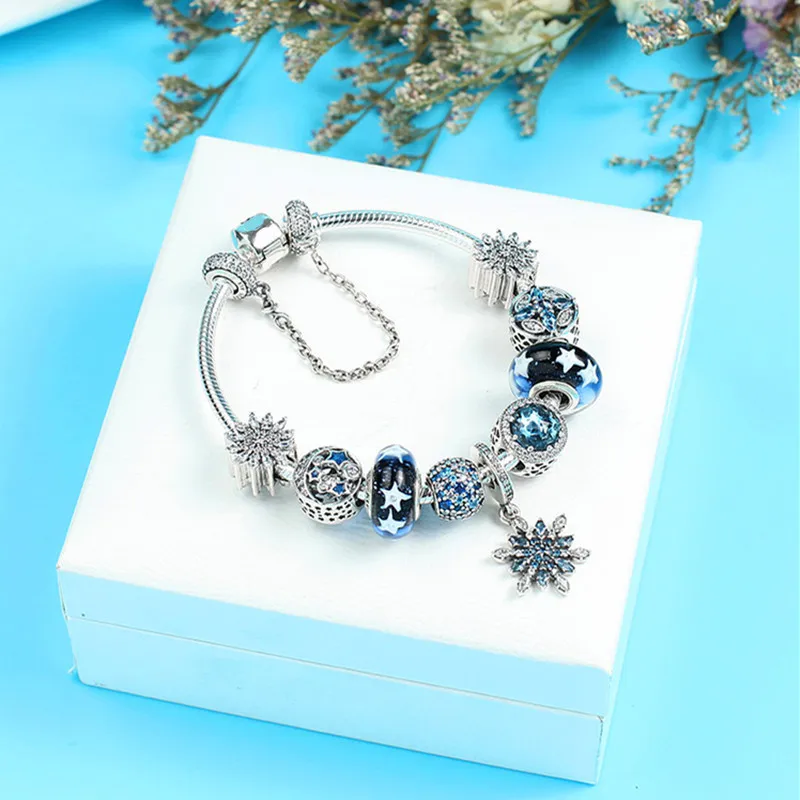 

Viega 925 Silver Pan Celebrity Style Bracelets Women's Snowflake Pendant Heart of Ocean Stars String Decoration Snake Bones Chai