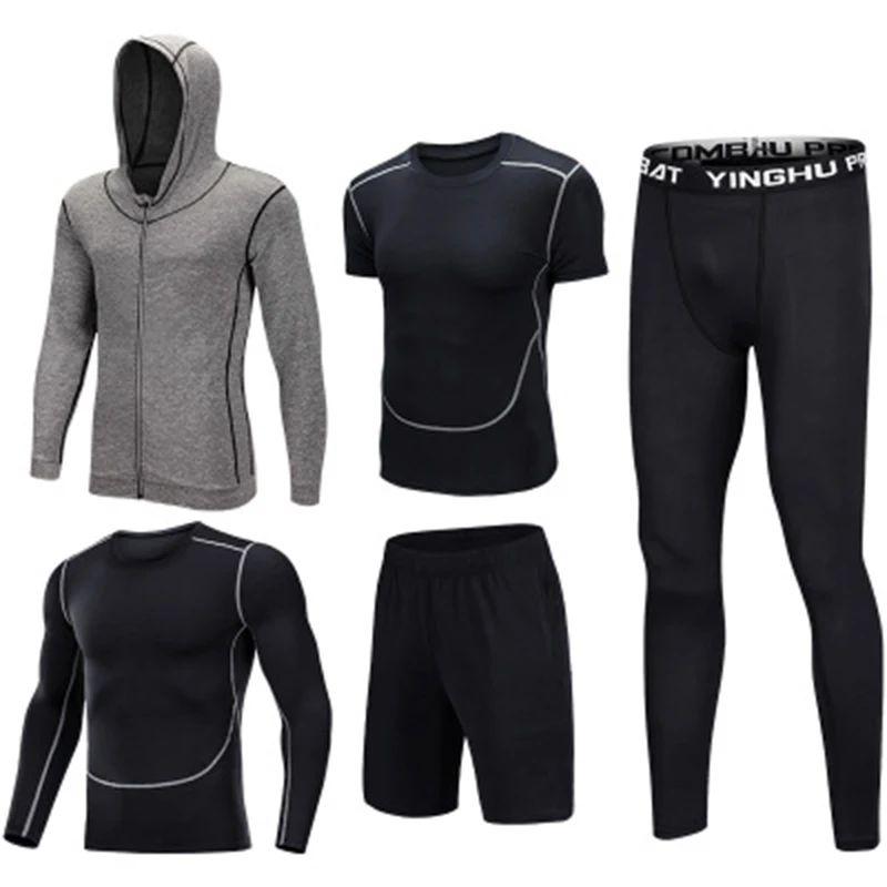 5Pc/set Men Sportswear Suits Compression Fitness Jogging Gym Tight Training Clothing Male Workout Jogging Tracksuit Running Sets