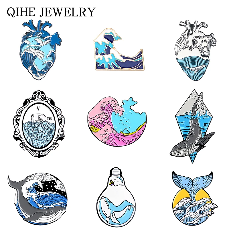 

Wave Pins Ocean Sea Wave Brooches Organ Heart Light bulb Whale Hourglass Badges Blue Wave enamel pin collection