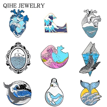 

Wave Pins Ocean Sea Wave Brooches Organ Heart Light bulb Whale Sun Creative Badges Blue Wave enamel pin collection