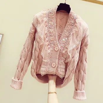

2019 Autumn Winter Lace Spliced Knitted Cardigan Woman Lazy Loose Heavy Work Sequins Thick Sweater Coat Womens Warm Sweaters