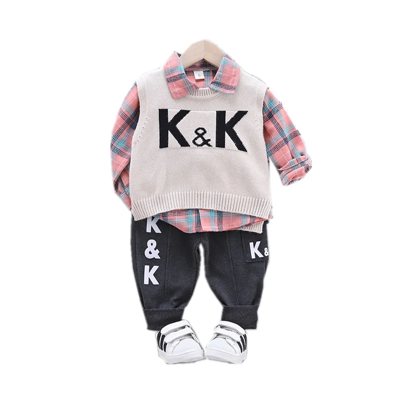 

2020 New Spring Autumn Children Fashion Clothes Baby Boys Girls Lattice Vest Lapel Shirt Pants 3Pcs/sets Kids Toddler Sportswear