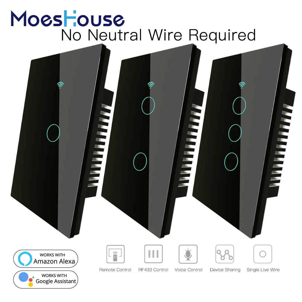 RF433 WiFi умный настенный сенсорный выключатель без нейтрального провода, нужен умный Однопроводной настенный переключатель, работающий с Alexa Google Home 170-250 В