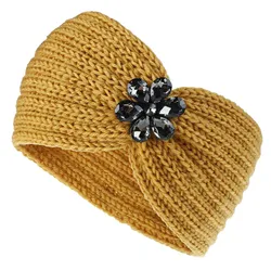 Autumn And Winter New Hair Accessories Rhinestone Flower Knitting Wool Hair Bands For Women Europe And America Popular Keep Warm
