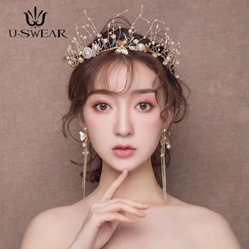

High Quality Handmade Bridal Tiara Wedding Crown Pearl Crown with Earring Set Hair Jewelry Tocado Novia Prom Party Headdress