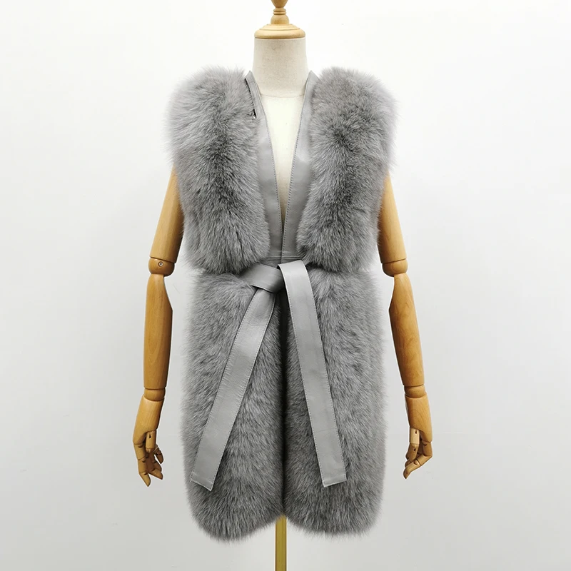 

Elegent Belt Design Women Winter Real Fox Fur Vest With Genuine Leather