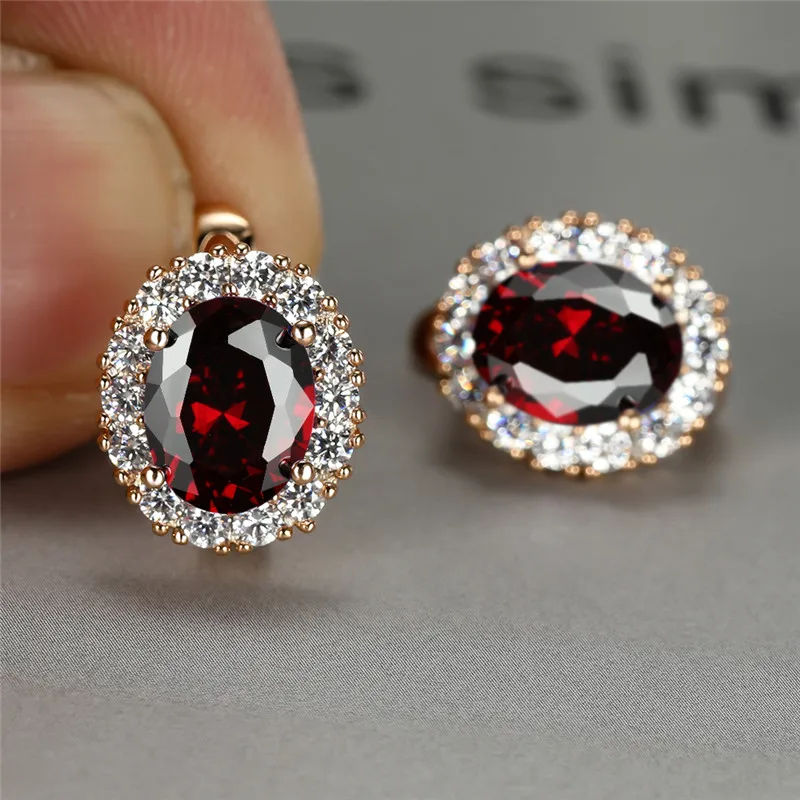 Female Fashion Multicolor Crystal Earrings Rainbow Zircon Oval Stone Hoop Earrings Rose Gold Color Engagement Earrings For Women