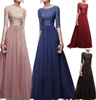 

BacklakeGirls Solid Color Round Neck Half Sleeve Lace Evening Dress Long Chiffon Ceremony Dress For Women Robe De Soiree Longue
