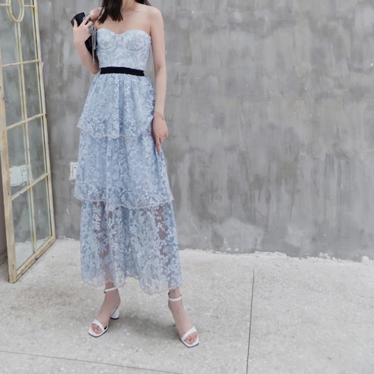 

GoodliShowsi Summer Women Sexy Strapless Dress Mesh Embroidery Sequins Backless Beach Dress Fairism Ladies Midi Cake Dresses