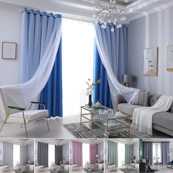 

Window Curtain Star Overlay Cut Out Drape Solid Color Double-Layer Hollow-Out Window Panel Curtain Living Bedroom Curtain D30