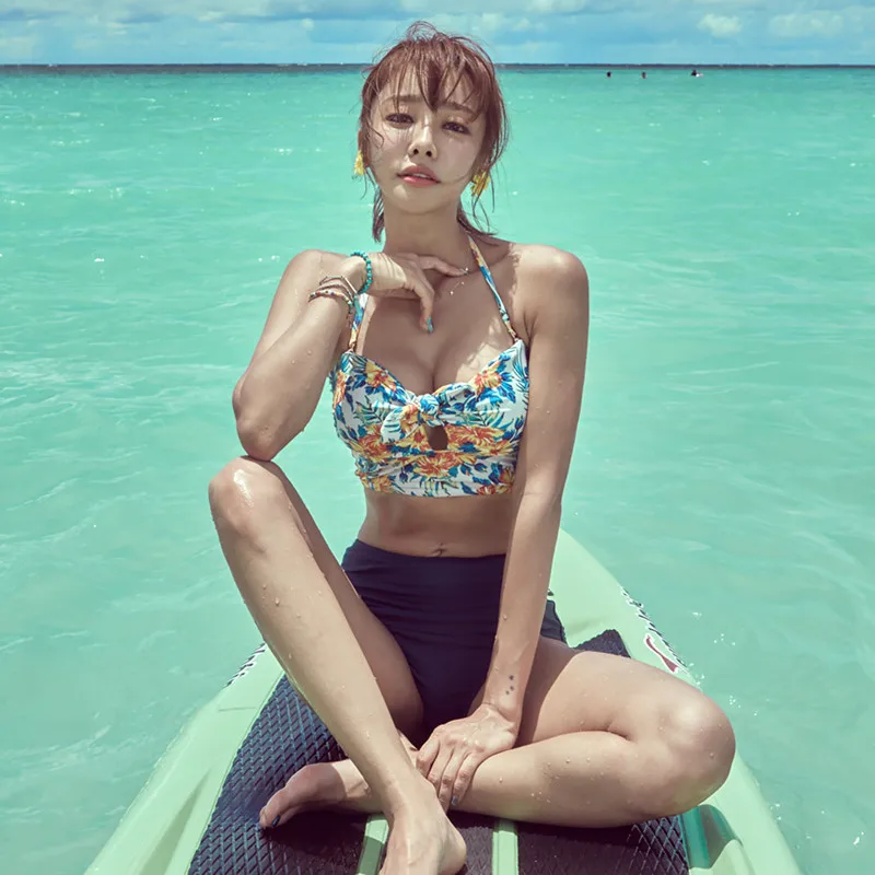 

-Printed Totem Slimming Small Bust Gathering High-waisted Boxer Swimwear Split Type Hot Springs Beach Holiday Swimsuit Women's