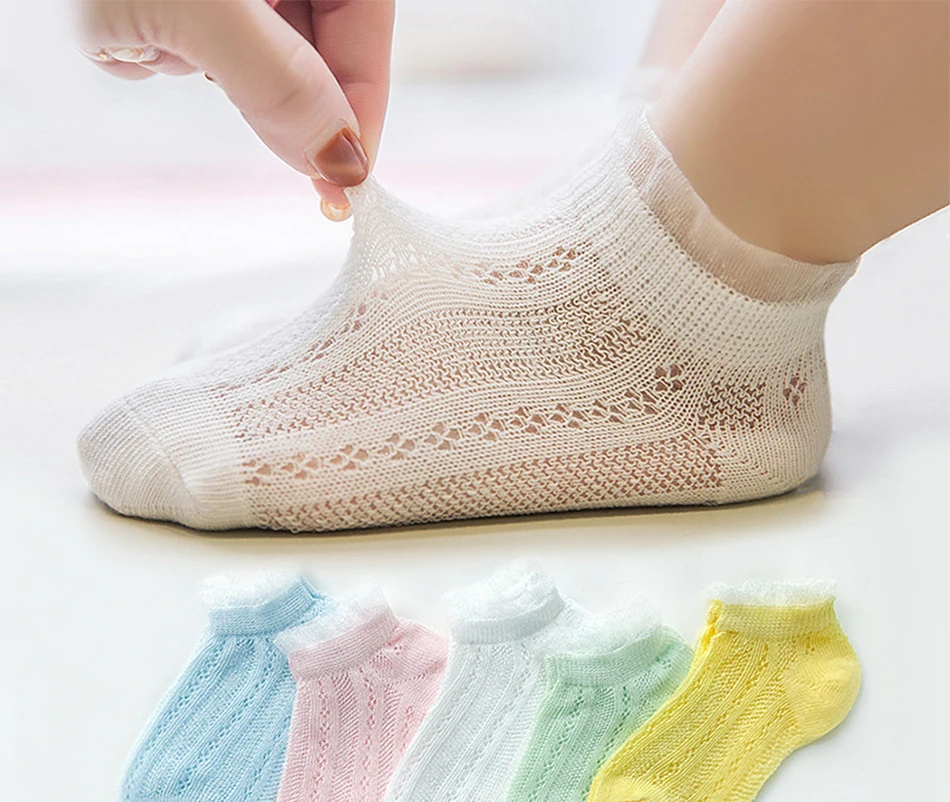 5 Pairs Unisex Baby Kids Cotton Socks White Mesh Breathable No Show Ankle Socks Sizes 12-36 Months 3-8 Years 