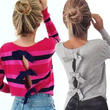 Women Blouses Striped Long Sleeve Loose Shirts Ladies Blouses Backless Shirts Casual Blouse Tops Autumn Knitted Shirt