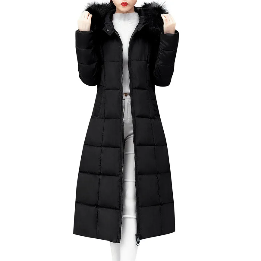 Элегантная зимняя куртка для женщин, верхняя одежда из искусственного меха, пальто с капюшоном, Длинные куртки с хлопковой подкладкой, зимнее пальто с карманами для женщин - Цвет: Black
