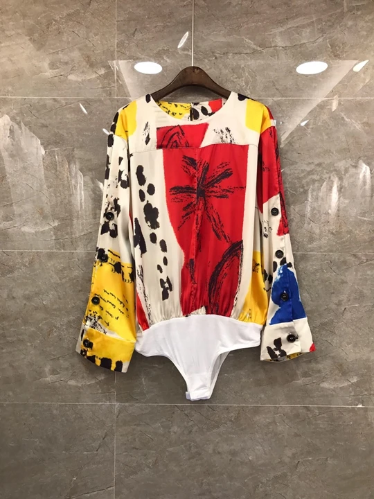 

2019 Early Autumn New Women's Round Neck Printing Patterns Colour-matching Long-sleeved Linkage Top 818