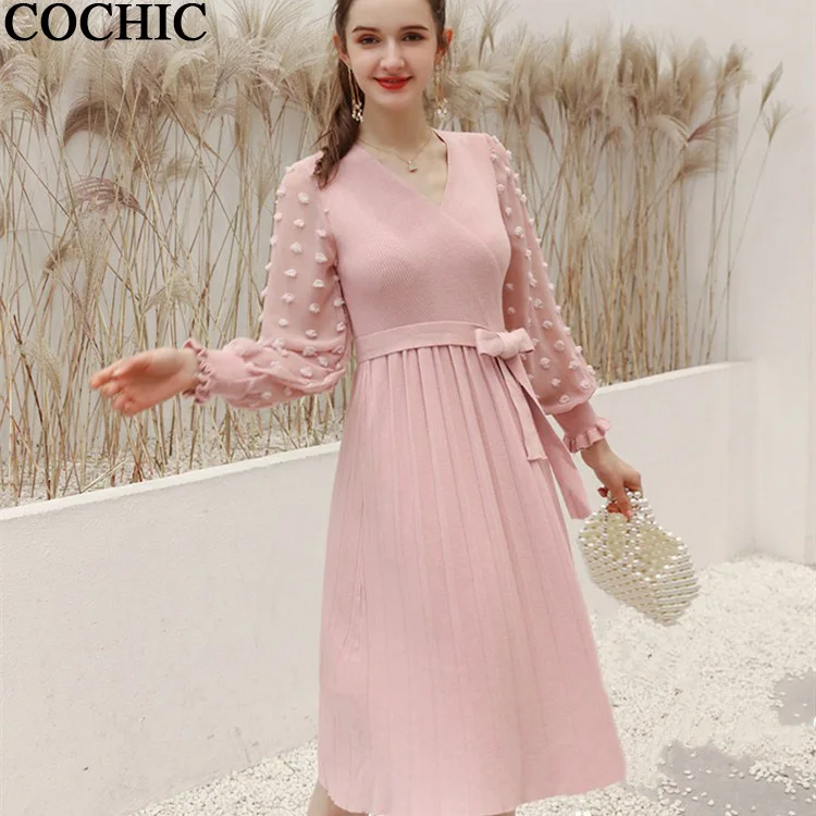 

Polka Dot Chiffon Splice V neck Solid Color sweater Dress Elegant Sashes pleated knit dresses