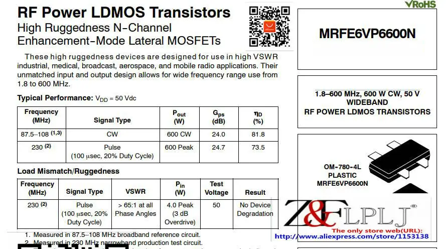 MRFE6VP6600N MRFE6VP6600 MRFE6VP 6600N 1,8-600 МГц, 600 W CW, с алюминиевой крышкой, 50В RF Силовые транзисторы LDMOS 1 шт./лот