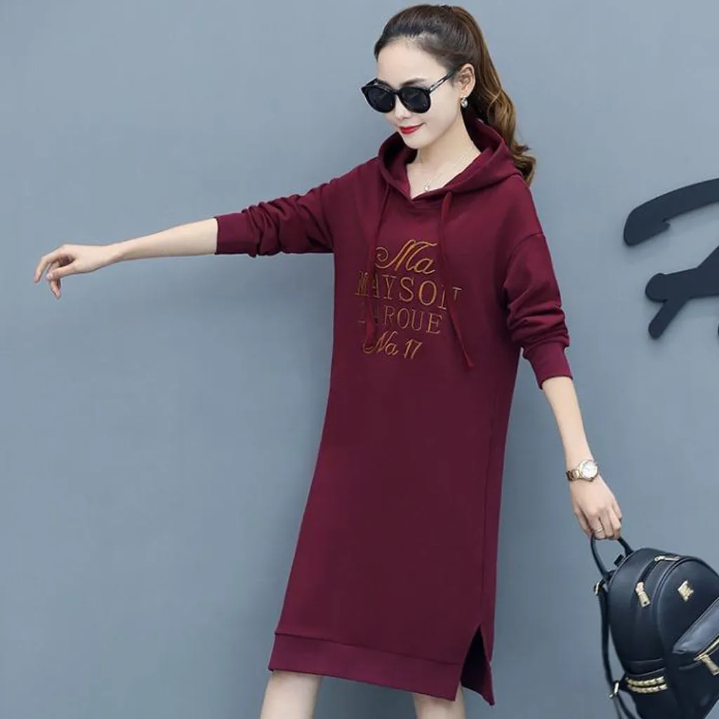 Корейский стиль, женское осеннее платье с капюшоном по колено, теплое, плюс размер, с буквенным принтом, Осеннее, с длинным рукавом, с капюшоном, платье, черное, Vestidos - Цвет: wine