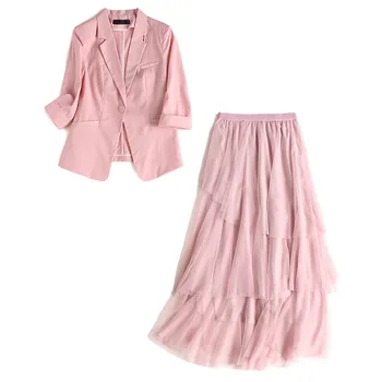 

Skirt Suits Office Lady 2020 Spring Women's Single Button Half sleeve Elegant Blazer + Elastic Waist Mesh Skirt Pink 2 PCS Sets