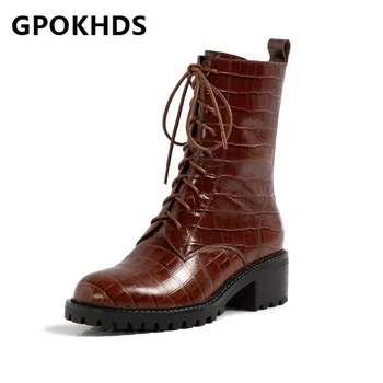 

GPOKHDS 2021 women Ankle boots Cow leather Winter short plush Round Toe Zipper Med heels female Riding boots size 39