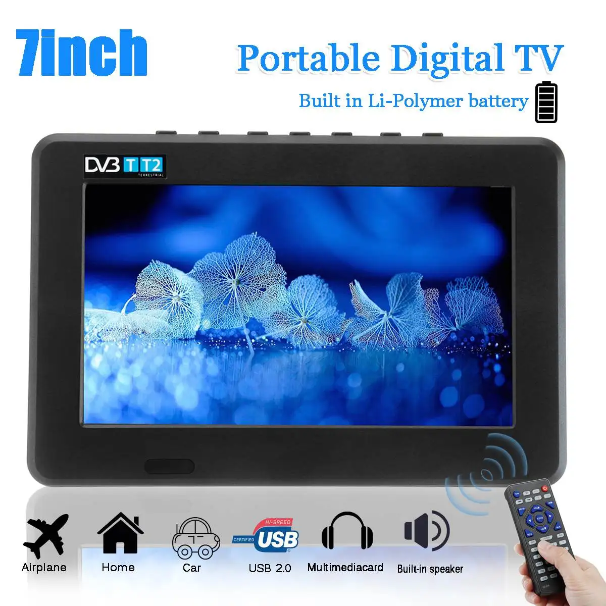 

7 Inch Digital Television Portable TV HD 1080P TFT LED DVB-T2 12V Player MP4 MP3 USB 2.0 AC/DC
