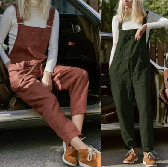

2020 new large cotton hemp belt pants with pockets for adjustable Jumpsuit