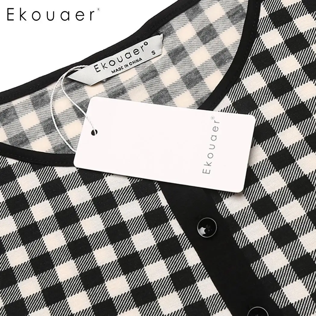 Ekouaer, Женская сорочка, ночная рубашка, круглый вырез, рукав 3/4, клетчатая пуговица, мини, летняя одежда для сна, Женское ночное платье, домашняя одежда
