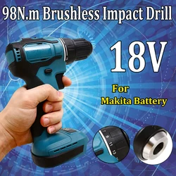 Makita perceuse à percussion électrique sans fil 18V 98nm, perceuse à percussion sans balais, marteau, tournevis, bricolage, outil électrique rechargeable pour batterie 