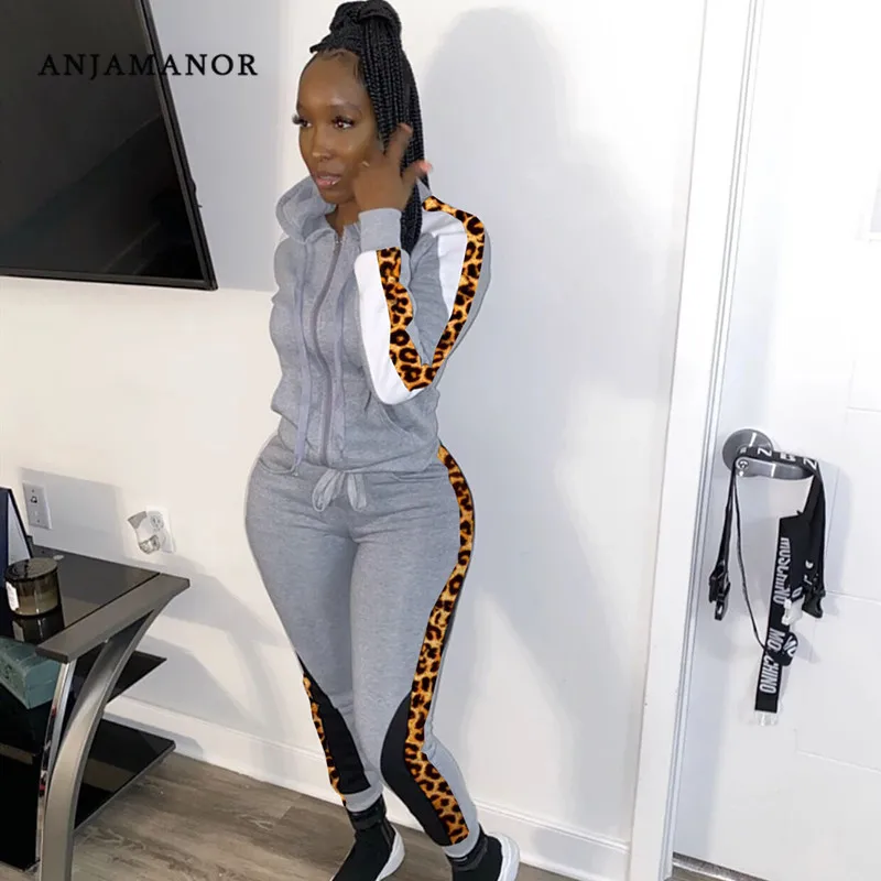 

ANJAMANOR Leopard Print Women Tracksuit 2 Piece Joggers Set Autumn Winter 2020 Sports Hoodies Sweatpants Matching Sets D49-BZ35